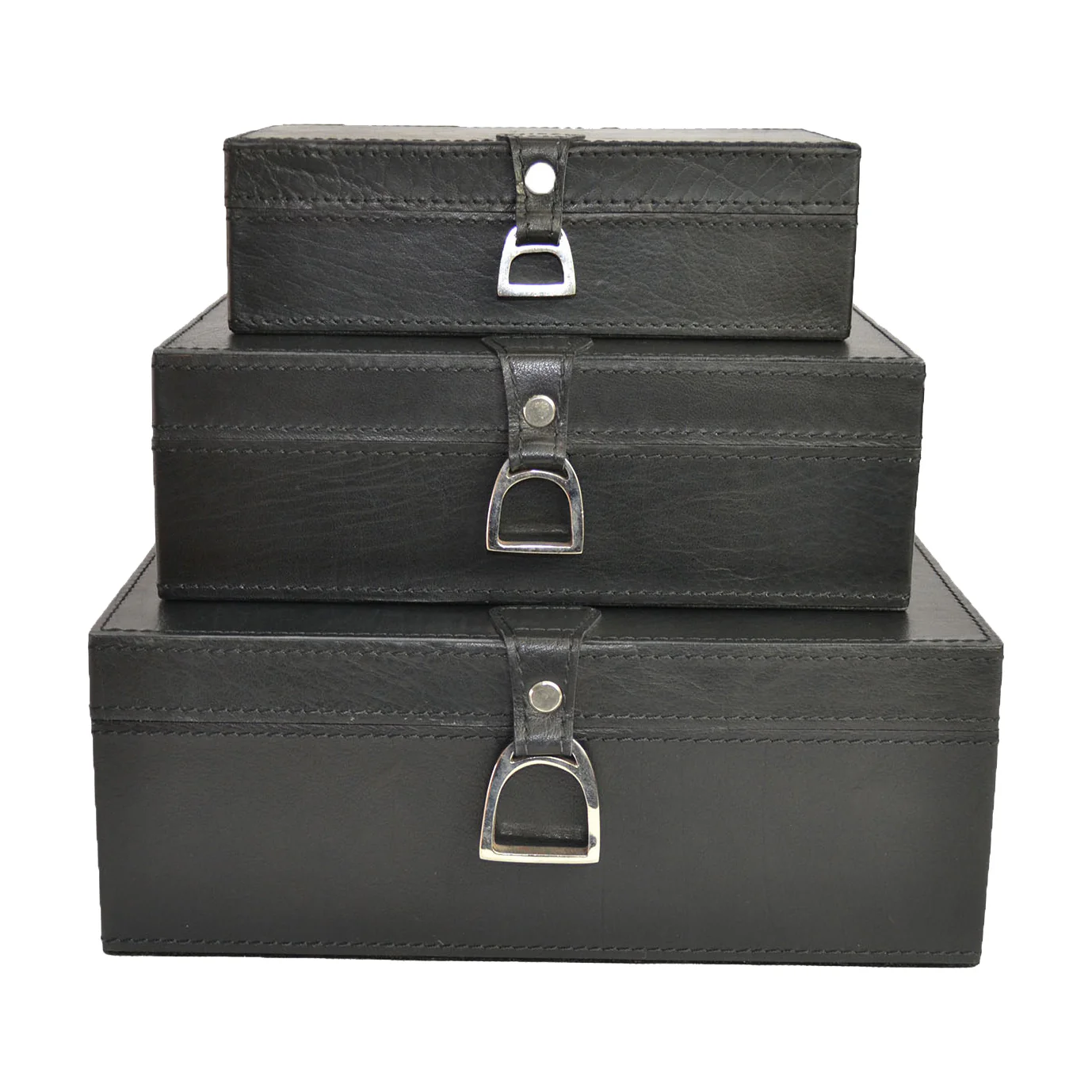 Black 3 Piece Leather Boxes with Stirrup Set