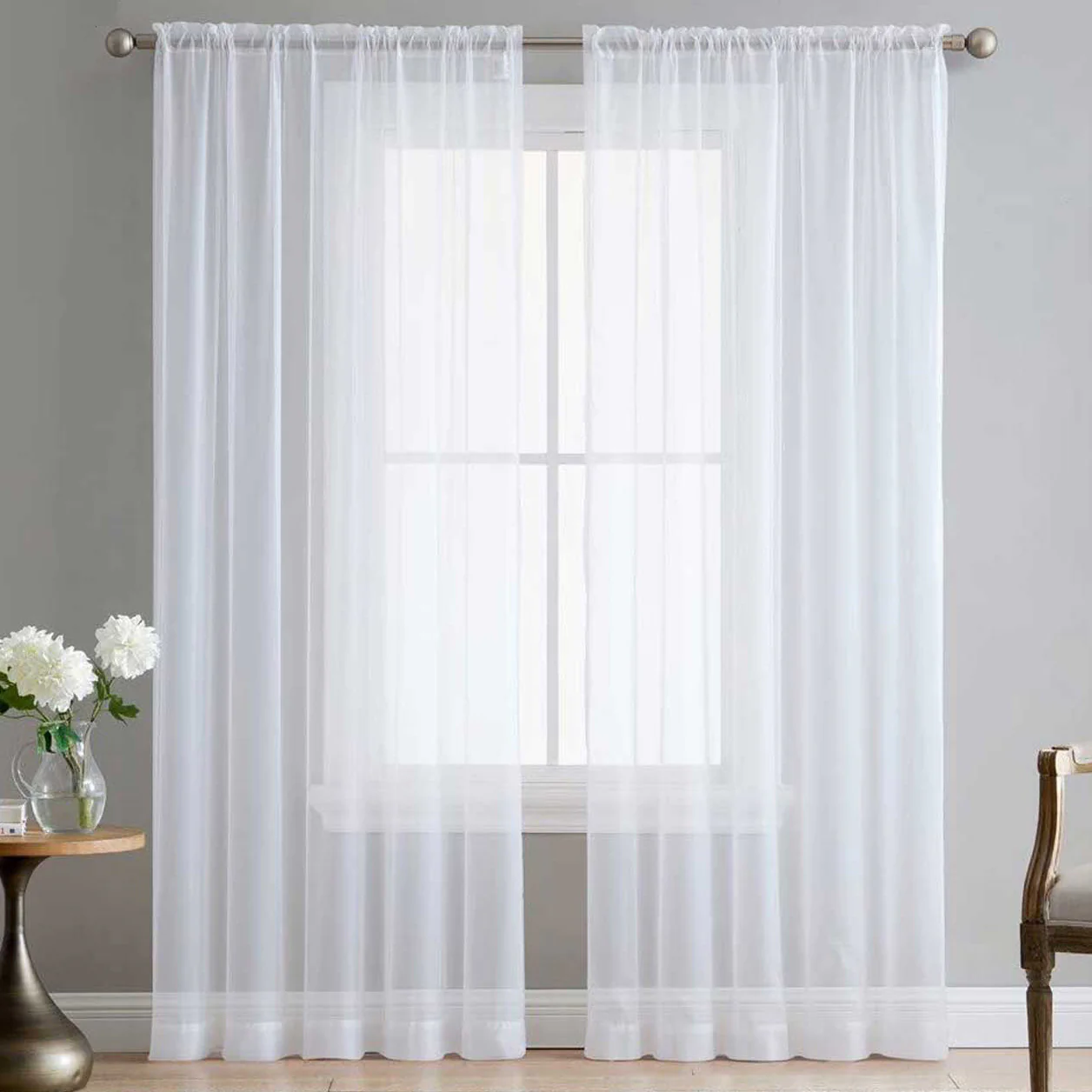 White Luxton Rod Pocket Voile Sheer Curtains (Set of 2)